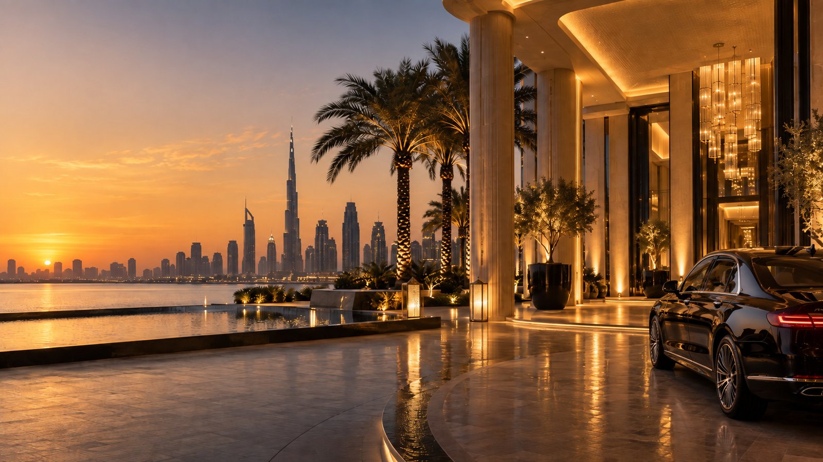 Luxury hotel entrance and executive car at sunset