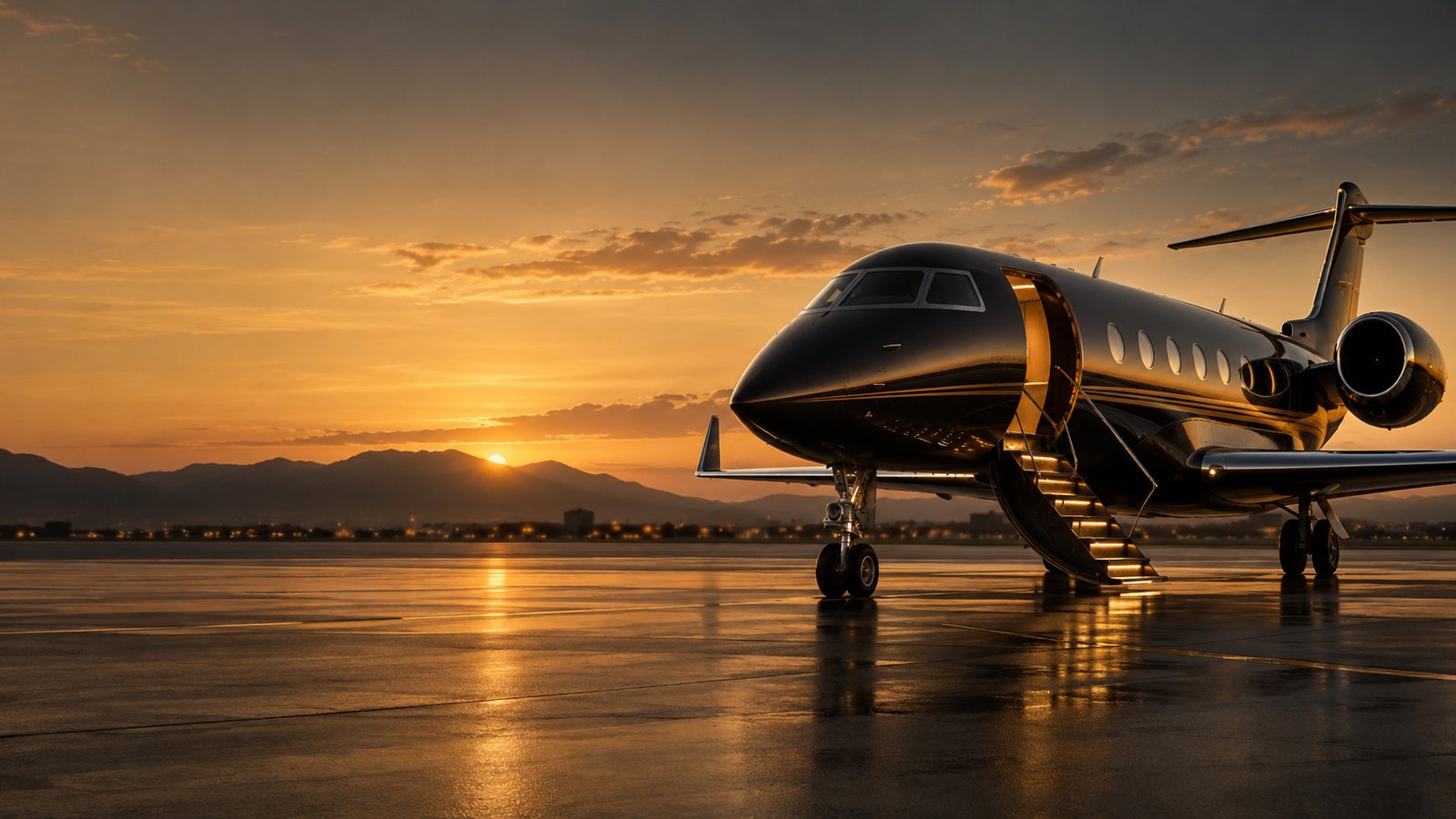 Private jet on an airport apron at sunset
